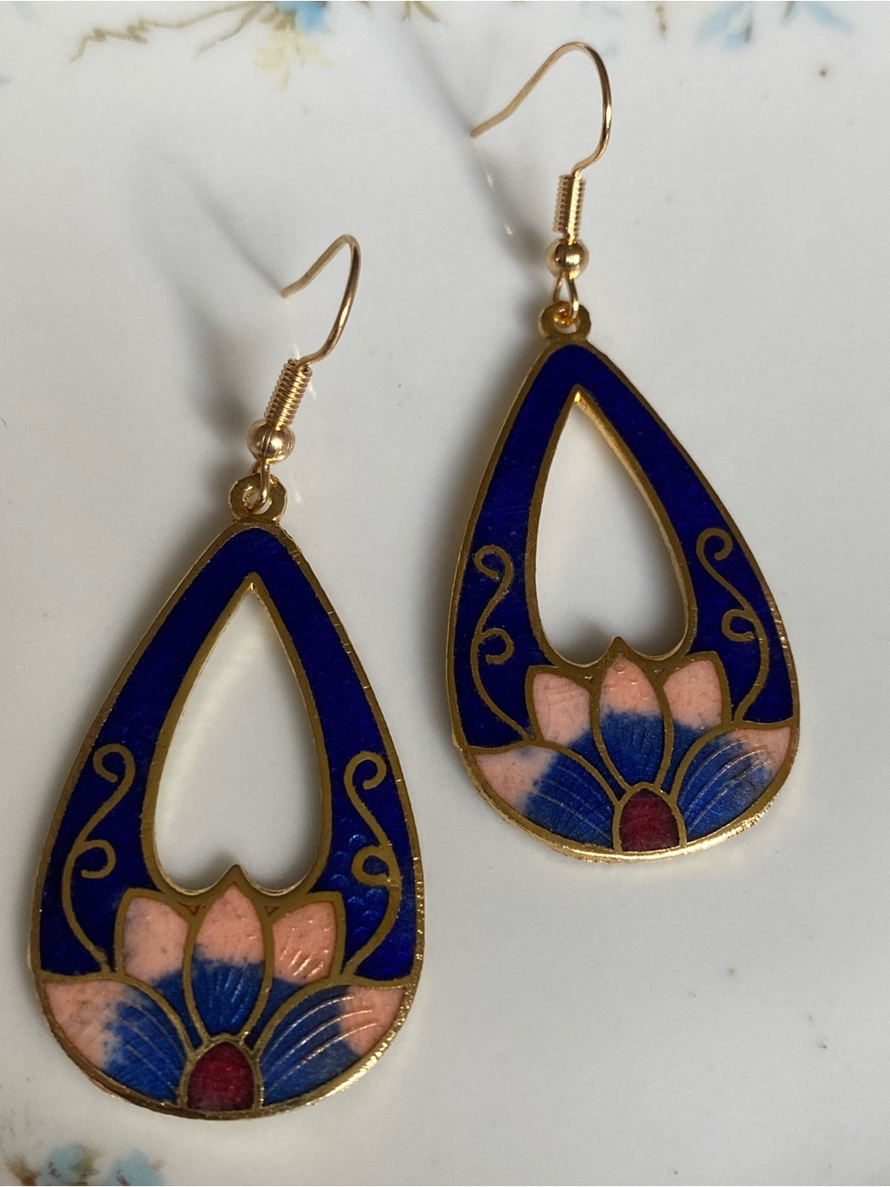 Gold-Trim Cloisonné Teardrop Lotus Earrings in Blue and Pink